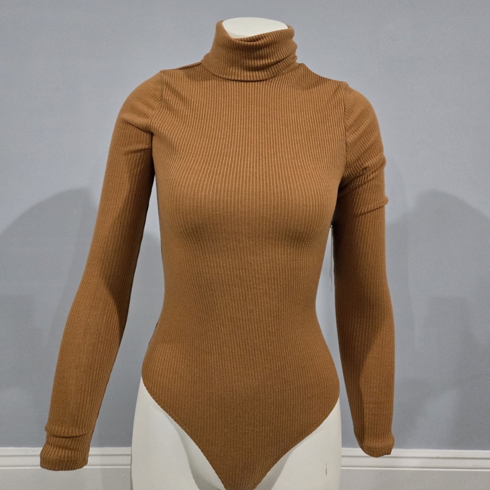 Brown Ribbed Turtleneck Bodysuit